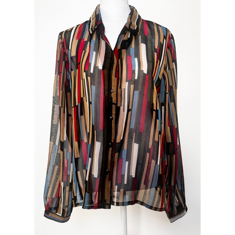 VTG 70's Pierre Cardin Womens  Geometric Sheer Button Down Blouse Multi Color 12